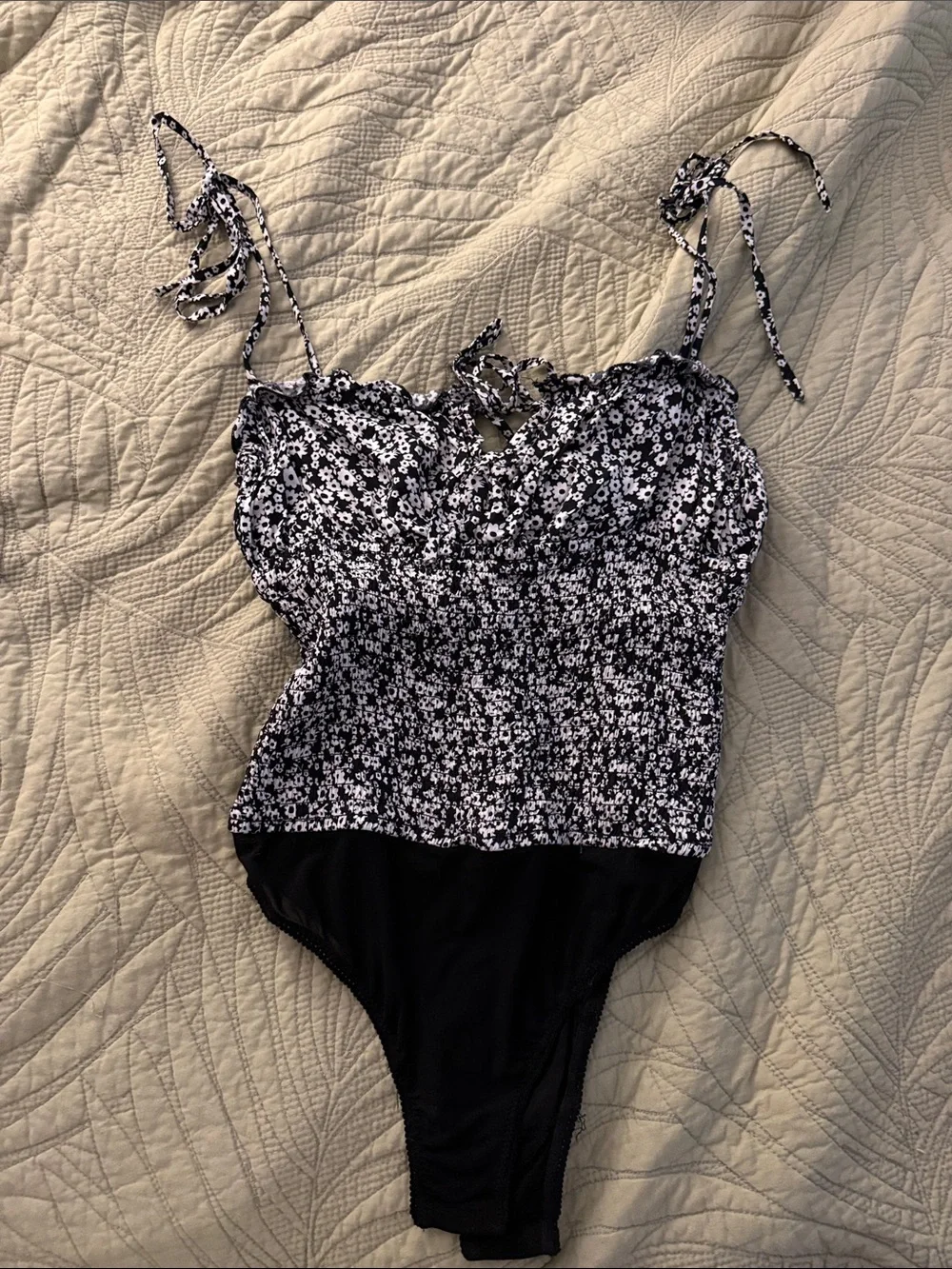 Free People Black and White Floral Tie-Strap Bodysuit
